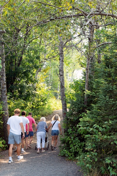 Multigenerational family walks along forest path