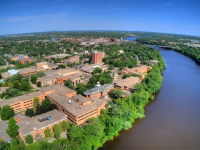 Aerial view of Saint Cloud State University on the banks of the Mississippi River