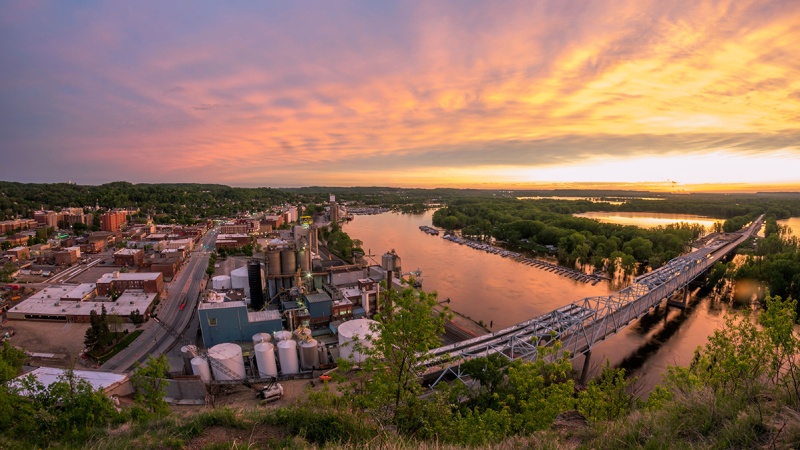 Aerial view of Red Wing, Minnesota and the Mississippi River