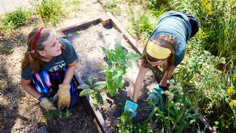 Middle school students gardening