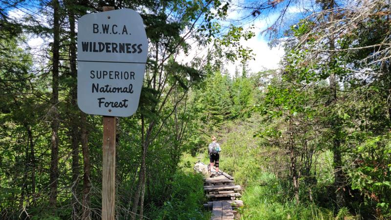 Hiker walks on path near BWCA Wilderness Superior Hiking Trail sign