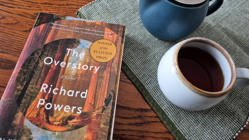 Book and tea, ready to read. The overstory by Richard Powers.