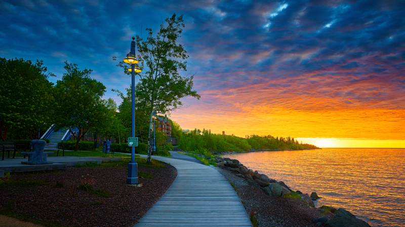 Duluth Lake Walk along the shores of Lake Superior at sunset.
