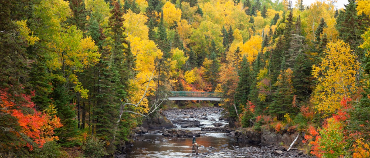 Two people stand in river while fly fishing