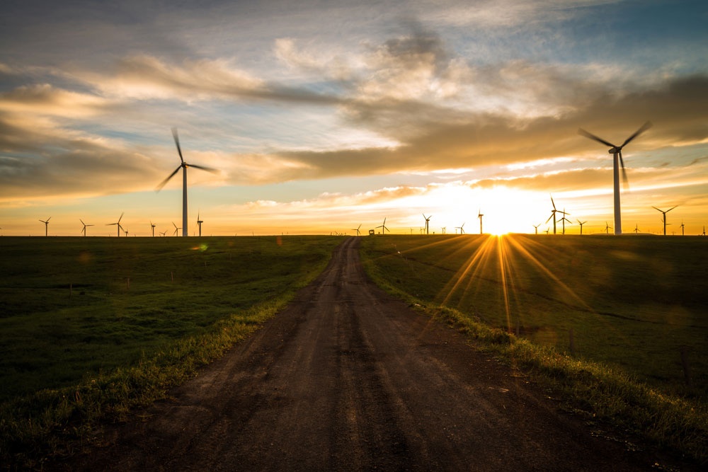 wind turbines along a dirt road in a field at sunset