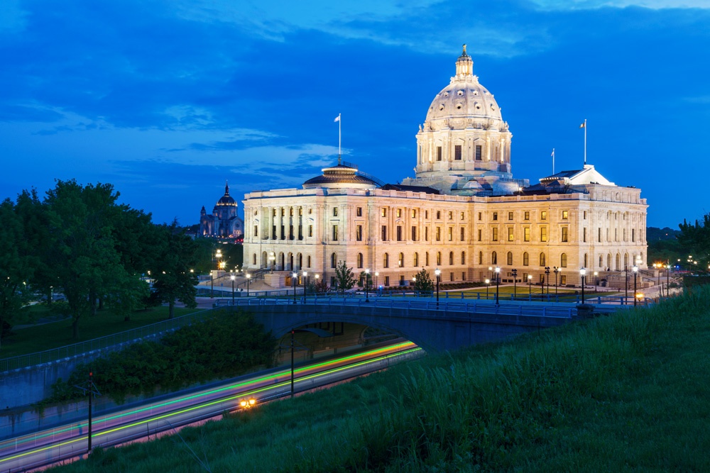 Saint Paul Capitol lit up in the evening