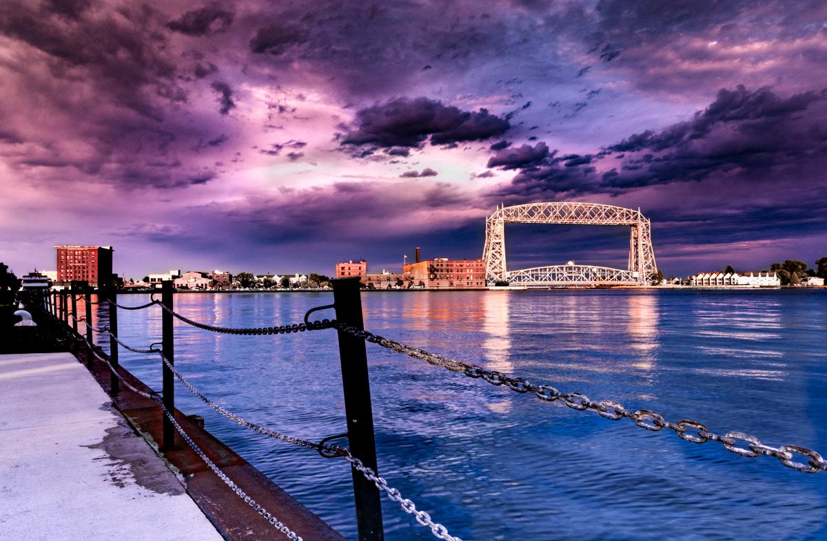 Sunset over Duluth and Lake Superior with view of lift bridge