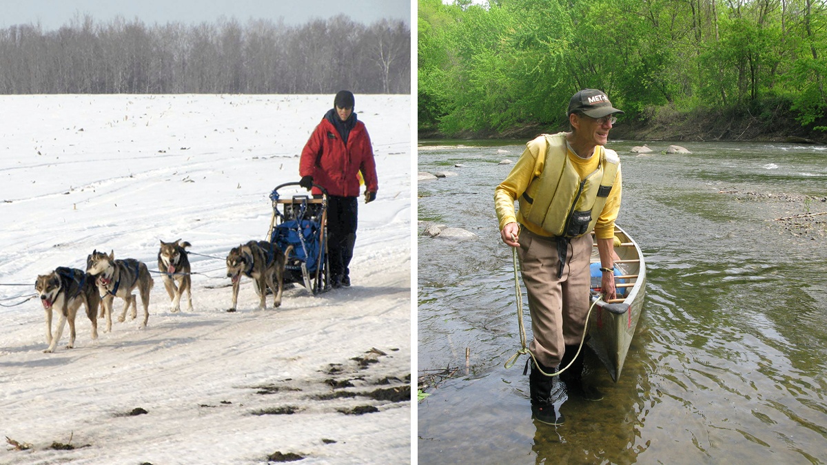 Frank Moe mushing and Darby Nelson in river with a canoe