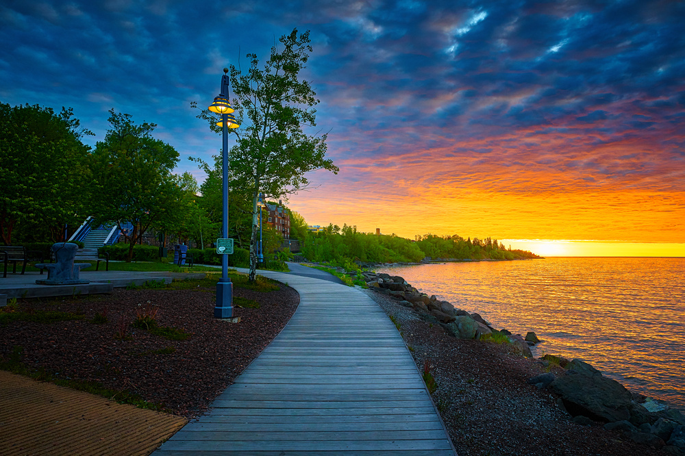 Duluth Lake Walk along the shores of Lake Superior at sunset.