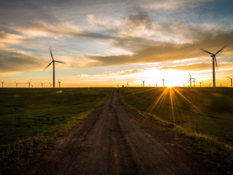 wind turbines along a dirt road in a field at sunset