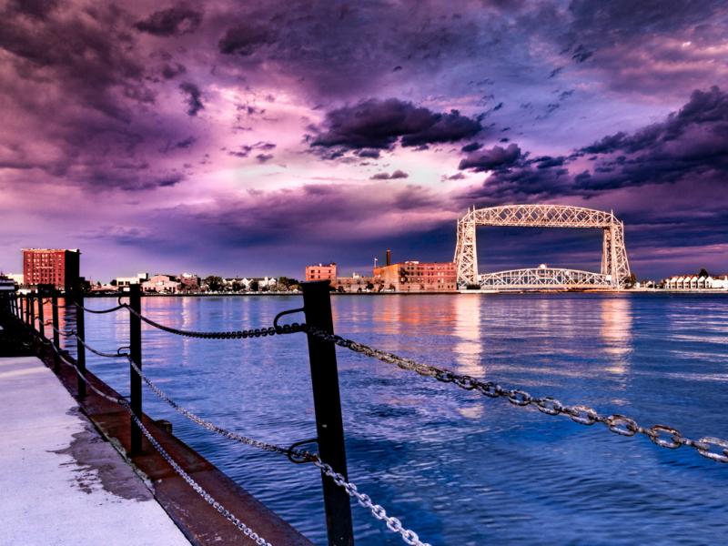 Sunset over Duluth and Lake Superior with view of lift bridge