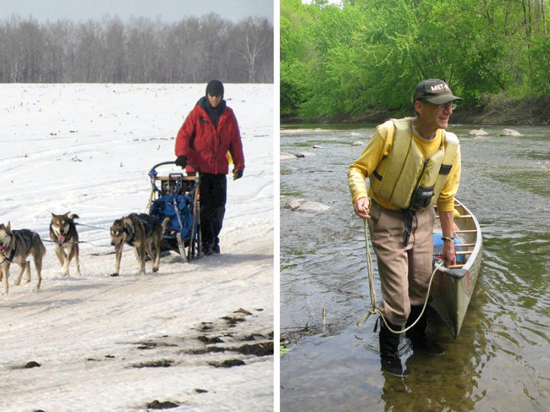 Frank Moe mushing and Darby Nelson in river with a canoe