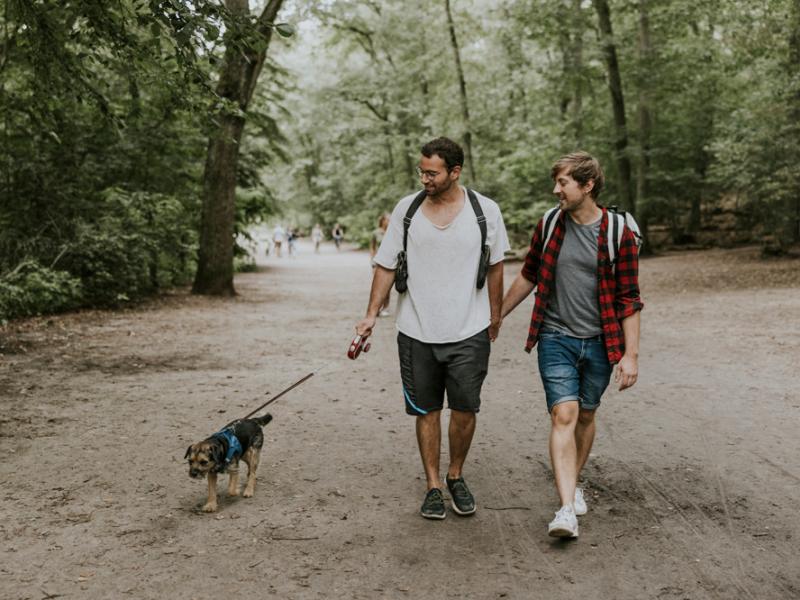 two people hike with dog in summer