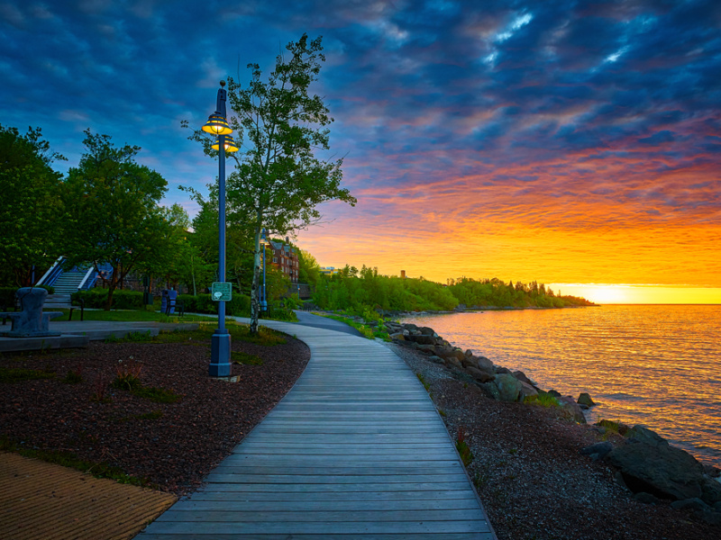 Duluth Lake Walk along the shores of Lake Superior at sunset.