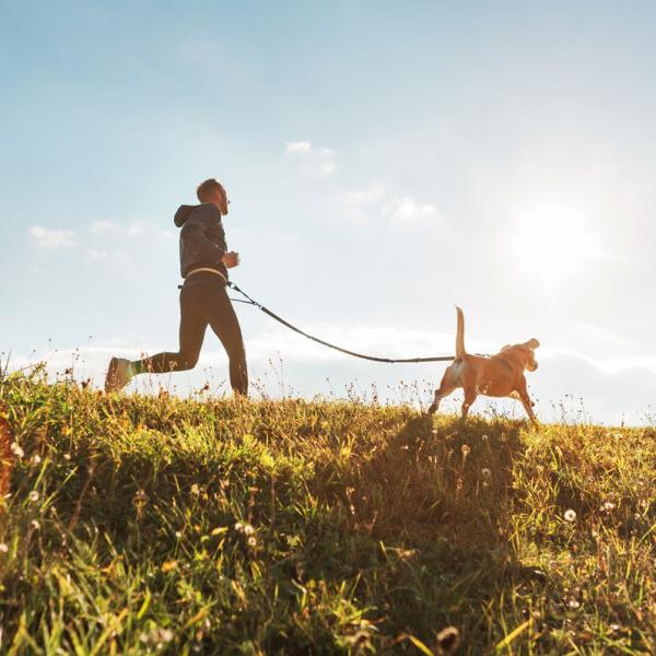 man runs with dog in sunshine